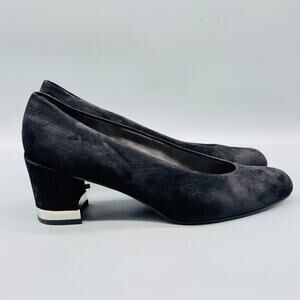 Stuart Weitzman Shoes Womens 9.5 Black Suede Pumps Block Heels Silver Trim